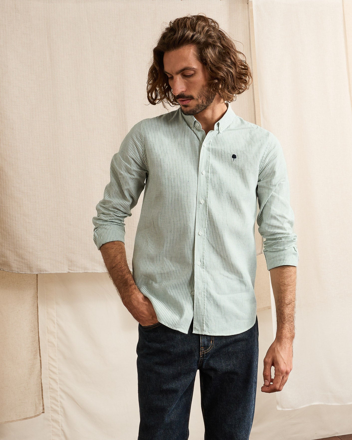 faguo-ivoy-chemise-en-lin-ray-e-vert-et-cru image 1