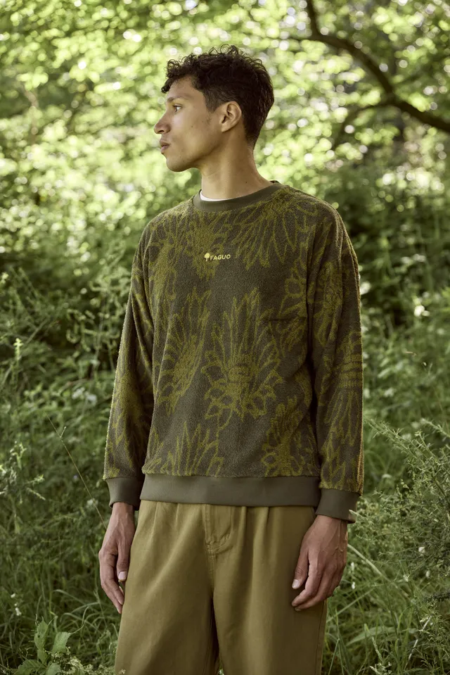 faguo-fango-sweat-col-rond-kaki-coton-bio-motif-tournesol image 1